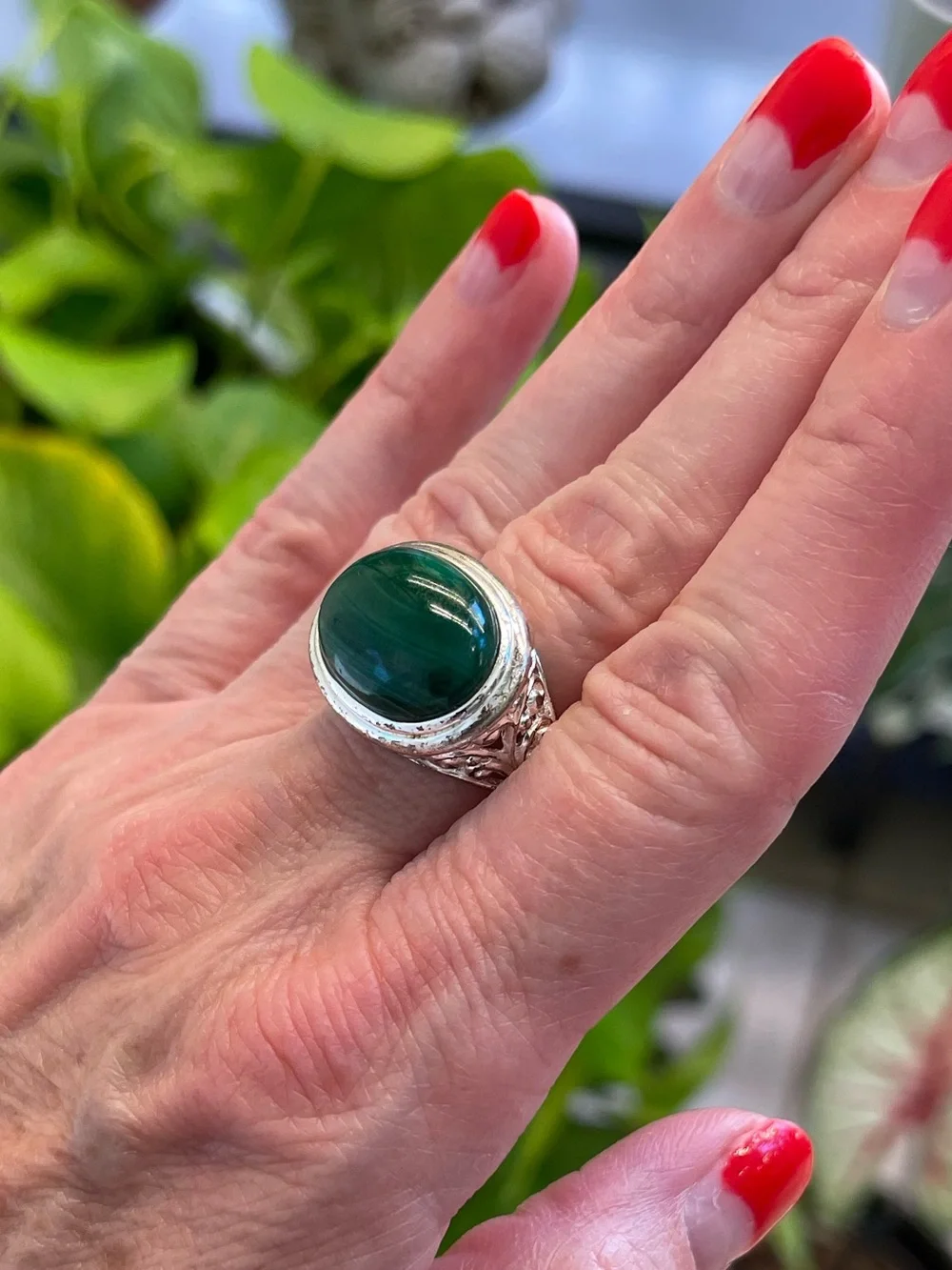 Sterling Silver Malachite Cabochon Estate Ring – Ornate Filigree – Size 6
